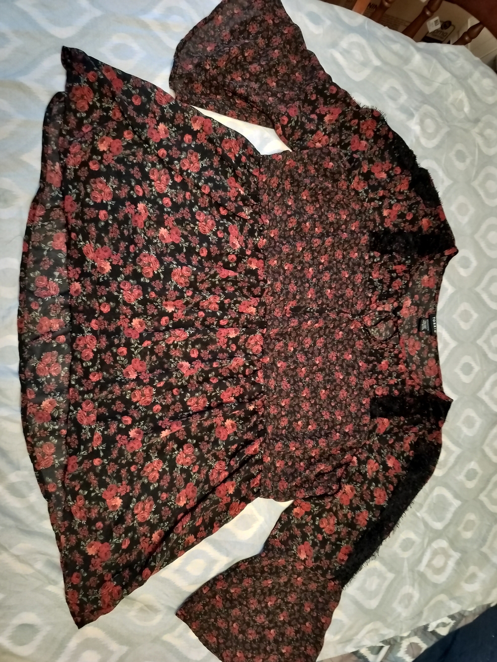 torrid Black Sheer Floral Peasant Top with Red Roses